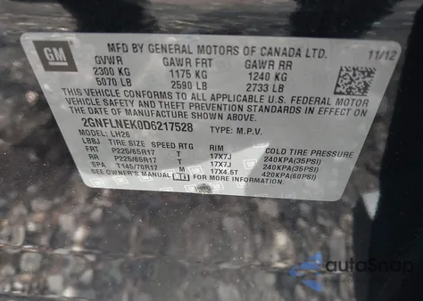 2013 Chevrolet Equinox 2Lt из США, поврежденный, VIN 2GNFLNEK0D6217528